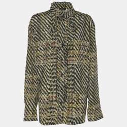Pre Owned Elena Miro Multicolor Tweed Print Crepe Pintuck Neck Tie Shirt L