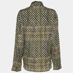 Pre Owned Elena Miro Multicolor Tweed Print Crepe Pintuck Neck Tie Shirt L