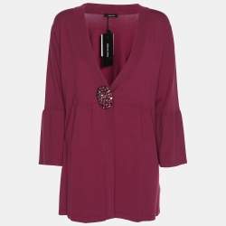 Pre Owned Elena Miro Hot Pink Jersey Crystal Embellished V Neck Blouse L