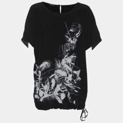 Pre Owned Elena Miro Black Printed and Crystal Embellished Drawstring Tops L