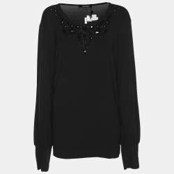 Pre Owned Elena Miro Black Jersey Embellished Long Sleeve Sweater L