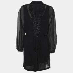 Pre Owned Elena Miro Black Chiffon Embellished Long Sleeve Shirt Set XL