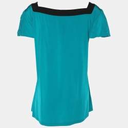 Pre Owned Elena Miro Green/Black Jersey Square Neck Cap Sleeve Top L
