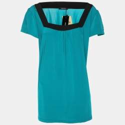 Pre Owned Elena Miro Green/Black Jersey Square Neck Cap Sleeve Top L