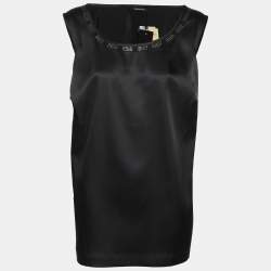 Pre Owned Elena Miro Black Satin Crystal Embellished Sleeveless Camisole L