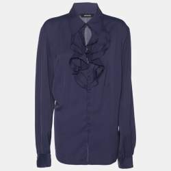 Pre Owned Elena Miro Blue Satin Ruffled Details Top XL