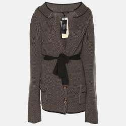 Pre Owned Elena Miro Brown Rib Knit Wool Belted Cardigan L