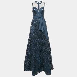 Elie Saab Orion Blue Sequin Embroidered Tulle Sleeveless Gown S