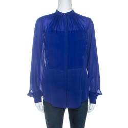 مملوكة مسبقًا Elie Saab Blue Crepe Silk Ruched Detail Long Sleeve Shirt XS