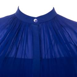 مملوكة مسبقًا Elie Saab Blue Crepe Silk Ruched Detail Long Sleeve Shirt XS