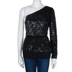 Elie Saab Black Sequin Embellished One Shoulder Top S