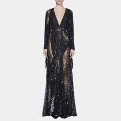 Elie Saab Dark Waves Embellished Fringe Details Long Sleeve Gown M