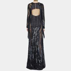Elie Saab Dark Waves Embellished Fringe Details Long Sleeve Gown M