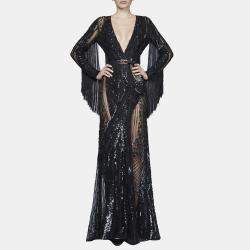 Elie Saab Dark Waves Embellished Fringe Details Long Sleeve Gown M