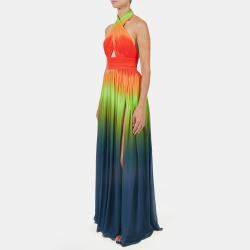 Pre Owned Elie Saab Color Horizon Printed Silk Halter Neck High Slit Long Dress L