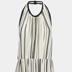 Elie Saab White Striped Floral Printed Chiffon Silk Open Back Maxi Dress XL