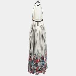 Elie Saab White Striped Floral Printed Chiffon Silk Open Back Maxi Dress XL