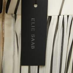 Elie Saab White Striped Floral Printed Chiffon Silk Open Back Maxi Dress XL