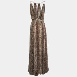 Elie Saab Brown Python Print Chiffon Halter Neck Gown S