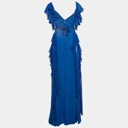 Elie Saab Blue Lace Trim Georgette Ruffled Gown S