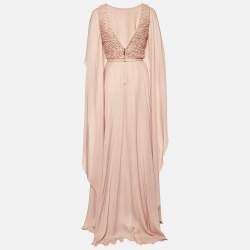 Pre Owned Elie Saab Pink Silk Embellished Cape Sleeve Gown XS