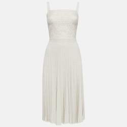Elie Saab Off-White Jersey Lace Patch and Pleated Mini Dress XS