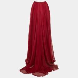 Elie Saab Burgundy Silk Chiffon Flared Slit Detail Maxi Skirt L