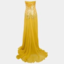Pre Owned Elie Saab Yellow Embellished Detail Strapless Gown S