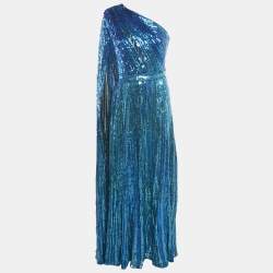 Elie Saab Blue Sequin Embroidered Tulle One Shoulder Gown S