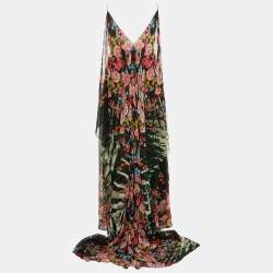 Pre Owned Elie Saab Black Floral Print Silk Chiffon Flared Maxi Dress S
