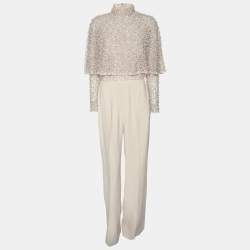 Elie Saab Light Beige Crepe and Lace Pearl Embellished Jumpsuit S