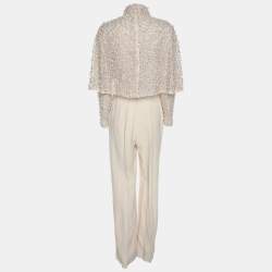 Elie Saab Light Beige Crepe and Lace Pearl Embellished Jumpsuit S