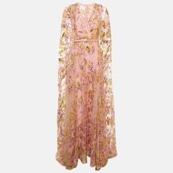 Pre Owned Elie Saab Pink Embroidered & Sequin Detail Mesh Shoulder Drape Gown S 