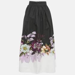 Pre Owned Elie Saab Black Floral Print Poplin Gathered Midi Skirt M