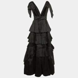 Pre Owned Elie Saab Black Satin Tiered Ruffle Bow Tie Strap Gown M