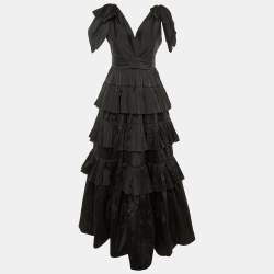 Pre Owned Elie Saab Black Satin Tiered Ruffle Bow Tie Strap Gown M