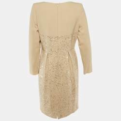 Pre Owned Elie Saab Beige Silk & Wool Embellished Knee Length Dress M