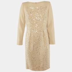 Pre Owned Elie Saab Beige Silk & Wool Embellished Knee Length Dress M
