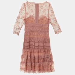 Pre Owned Elie Saab Pink Lace Ruffled Knee Length Dress M