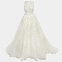 مملوكة مسبقًا Elie By Elie Saab White Floral Embroidered Tulle Wedding Gown M