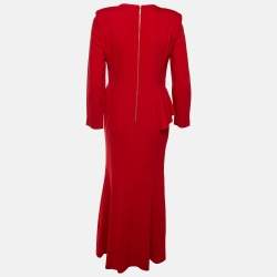 Pre Owned Elie Saab Red Crepe Ruffle Detail Maxi Dress M