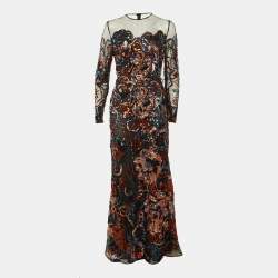 Pre Owned Elie Saab Black Floral Sequin Tulle Embroidered Long Dress L