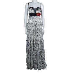 Pre Owned Elie Saab White Lace Detail Polka Dotted Tiered Sleeveless Gown M