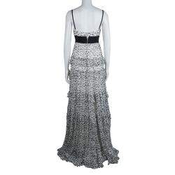 Pre Owned Elie Saab White Lace Detail Polka Dotted Tiered Sleeveless Gown M