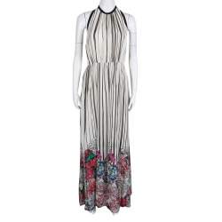 Pre Owned Elie Saab Monochrome Striped Silk Floral Print Halter Maxi Dress S