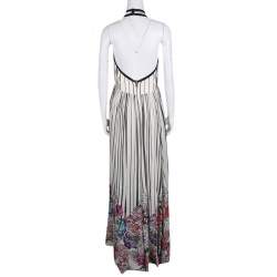 Pre Owned Elie Saab Monochrome Striped Silk Floral Print Halter Maxi Dress S