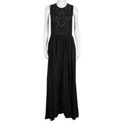 Pre Owned Elie Saab Black Eyelet Embroidered Gathered Sleeveless Maxi Dress S