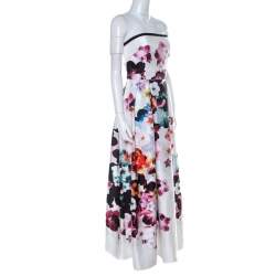 Pre Owned Elie Saab White Floral Printed Silk Satin Strapless Evening Gown S