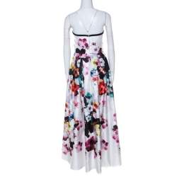 Pre Owned Elie Saab White Floral Printed Silk Satin Strapless Evening Gown S