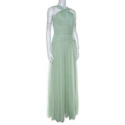 Pre Owned Elie Saab Mint Green Silk Georgette Pleated Dress S